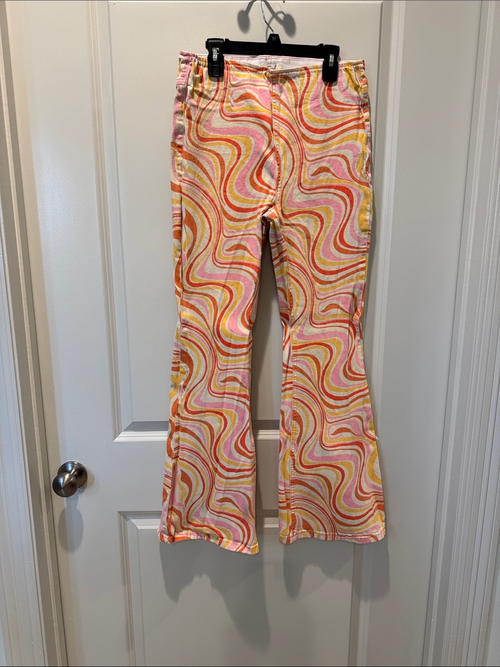 easel Retro Swirl Flare Jeans in Pink & Yellow